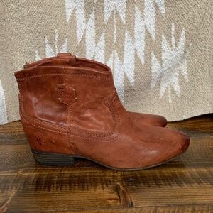 Frye Brown Leather Ankle Zipper Wedge Bootie